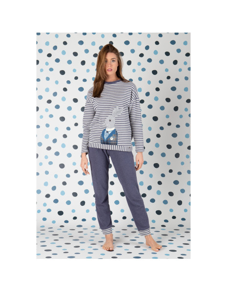 Pigiama donna caldo cotone invernale ricamo coniglio