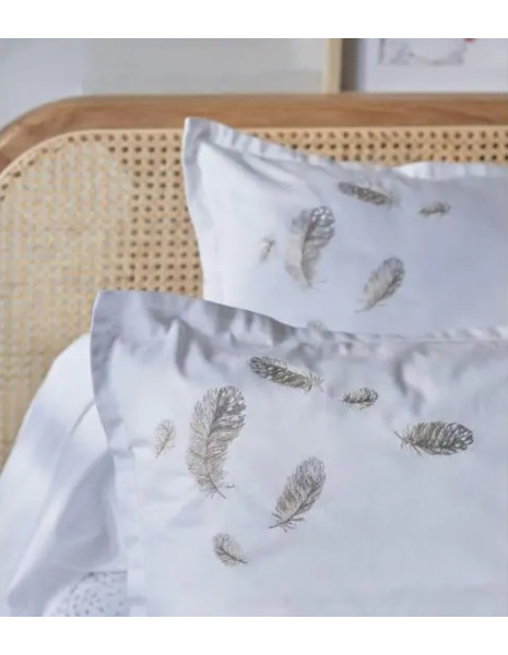 NINA Copripiumino matrimoniale ricamo piume su raso sateen